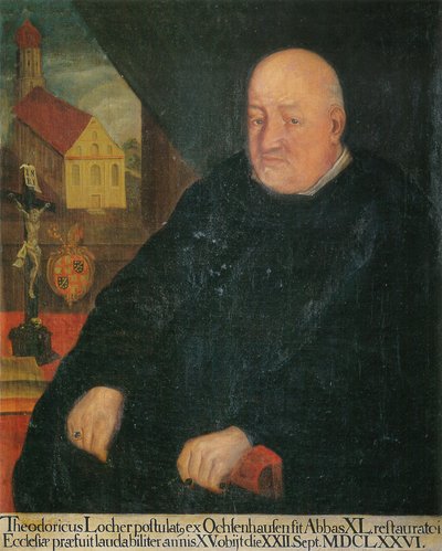 de 40e abt, Theoderich Locher, met op de achtergrond de kloosterkerk St. Georg Isny door Unknown